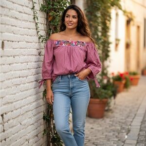 Off-Shoulder Blouse with Exquisite Floral Embroidery. Size S-M